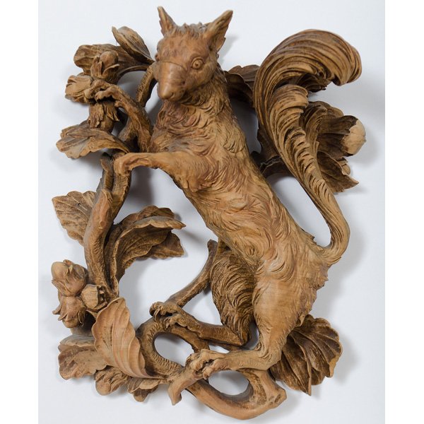 English Carved Squirrel: English, possibly 18th century. A carved boxwood squirrel amid oak leaves and acorns, probably used as an architectural ornament as a; ht. 10.5 in.
