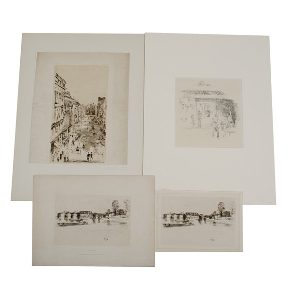 Illustrations After James Abbot McNeill Whistler : After James Abbot McNeill Whistler (American, 1834-1903). Assembled group of four reproduction illustrations, two scenes of a bridge titled Chelsea, both with butterfly monogram l.r., one of which