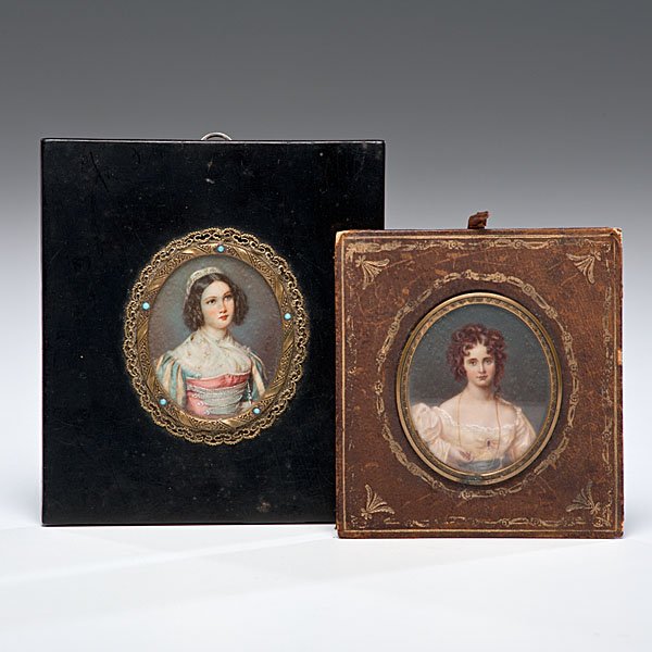 Miniature Portraits on Ivory : American, 19th century. Two framed miniature portraits on ivory of finely attired ladies, including one labeled on reverse Josephine McClellan, the larger set in ebonized wood and signed Beaux; eboniz