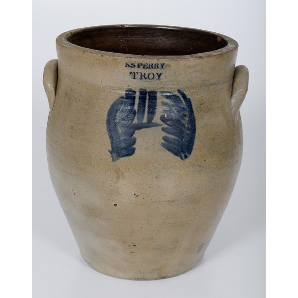 S.S. Perry Stoneware Crock : American, 19th century. A stoneware crock with applied handles and cobalt decoration, with impressed mark S.S. Perry / TROY to rim; ht. 11 in. Provenance: Estate of Jan Sorgenfrei