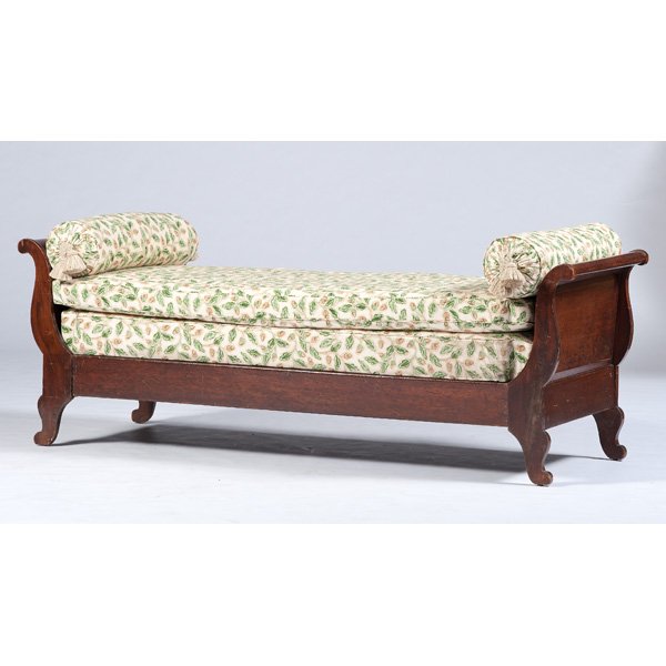 Classical-Style Daybed : American, 19th century. A Classical-style daybed in walnut, having a scrolled headboard and footboard on shaped feet, with mattress; ht. 29, lg. 83, wd. 28.25 in.