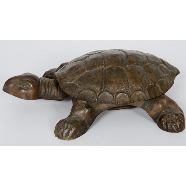 Mechanical Turtle Spittoon : American, late 19th-early 20th century. A cast iron and tin figural mechanical turtle spittoon, pushing down on the head reveals the hidden spittoon under the shell, with removable tin bowl; lg. 14.5 