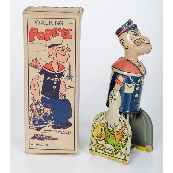 Marx Walking Popeye Wind-Up Toy : A King Features Syndicate, Louis Marx, lithographed tin wind-up toy of walking Popeye holding parrot cages in both hands, key wind operated, with original box; ht. 8.25 in.