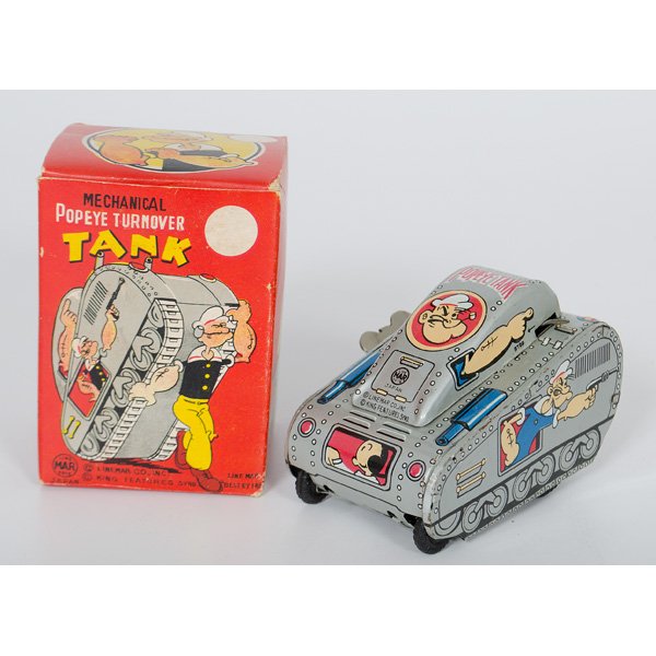 Linemar Popeye Rollover Tank : A Linemar Popeye rollover tank wind-up toy, lithographed tin, key wind operated, with original box; lg. 4 in.