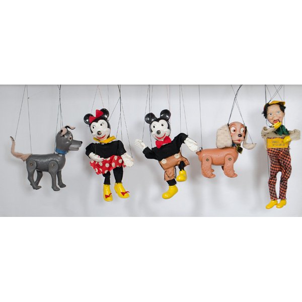 Disney Character Marionettes, Plus : An assembled group of Disney character marionettes, including Lady and Tramp by Peter Puppet Playthings in their original boxes and Mickey Mouse and Minnie Mouse, PLUS a Small Fry Club marionette; Sma