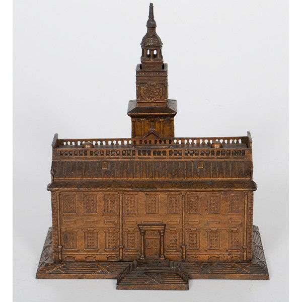 Enterprise Independence Hall Cast Iron Bank : An Enterprise cast iron still bank of Independence Hall in bronze paint, Birthplace of American Independence cast on left side, Liberty Proclaimed / July, 4. 1776. cast on right side, Enterprise MFG.