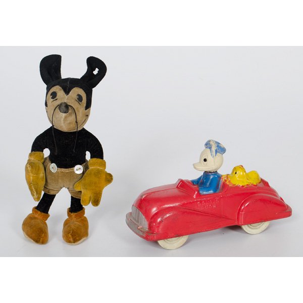 Vintage Mickey Mouse Doll and Sun Rubber Toy Car : American, ca 1930-1950. A velveteen Mickey Mouse doll with four mother-of-pearl buttons, oil cloth eyes, and string whiskers, stamped Walt Disney's / Mickey Mouse / (illegible) Patent (illegible) / (i