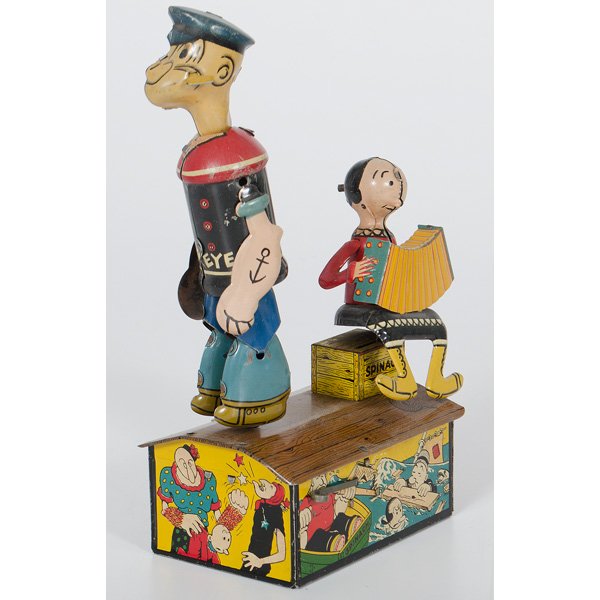 Marx Popeye and Olive Oyl Tin Wind Up Toy : American, 20th century. Lithographed tin "Popeye and Olive Oyl" jigger by Marx; ht. 9.75 in. Provenance: Estate of Jan Sorgenfrei