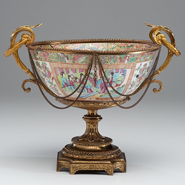 Chinese Export Bowl with Ormolu Mounts : Chinese export, 19th century. A rose medallion bowl with Louis XVI-style ormolu mounts in foliate designs; ht. 11.75 in.