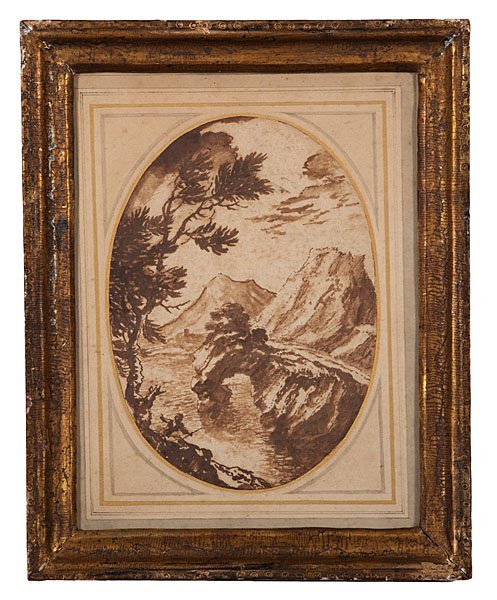 Continental 17th Century Ink and Wash Study : Continental, probably 17th century. Ink and wash on laid paper, with oval gilt surround added later. Preserved label from Mathias Komar, NY, as well as label with description attributing the work