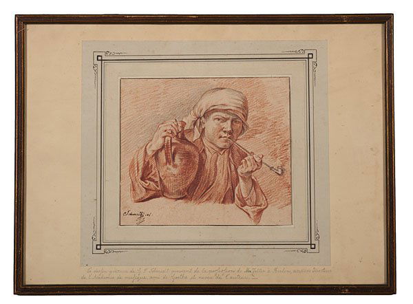 18th Century Study by F. Schmidt : German, 18th century. A study of boy and pipe signed F. Schmidt, with inscription below; 7.5 x 8.5 in. (sight).