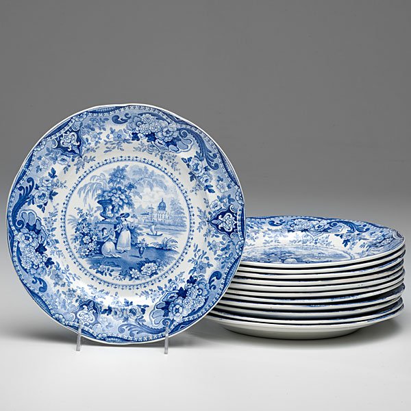 Historical Staffordshire Plates : English, 19th century. A set of twelve blue transferware dinner plates, marked Italian Buildings. / R. Hall in underglaze blue; dia. 10.25 in.
