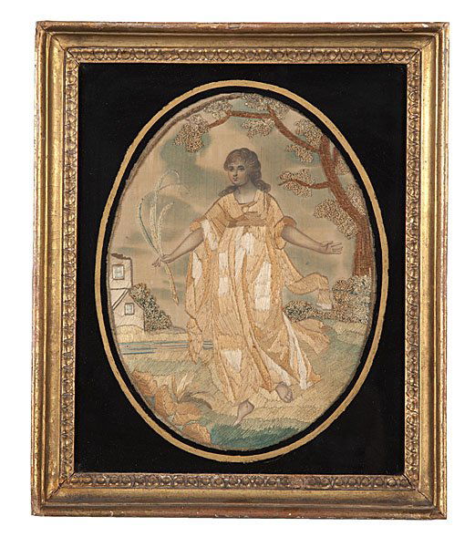 English Memorial Needlepoint : English, 19th century. A fine needlepoint memorial scene housed in gilt and eglomise frame, with gilder's label on verso; 9 x 7 in. (sight).