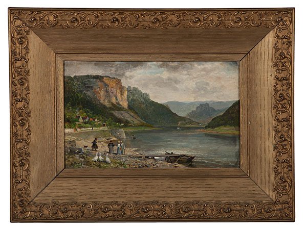 Expansive Landscape by Bernard Muhlig : Bernard Muhlig (German, 1829-1910). Oil on canvas, a very sharply executed landscape with figures and lake, with Dusseldorf School influence; 6.25 x 10 in. (sight).