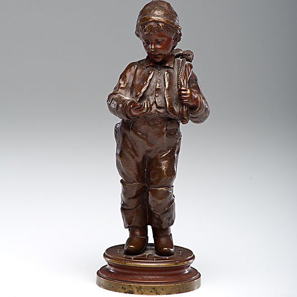 Bronze Boy with Coins by Nicolas Lecornet : Nicolas Lecornet (French, b. 1825). A polished and patinated bronze of boy on cobblestone base, two castings, signed at base; ht. 11 in.