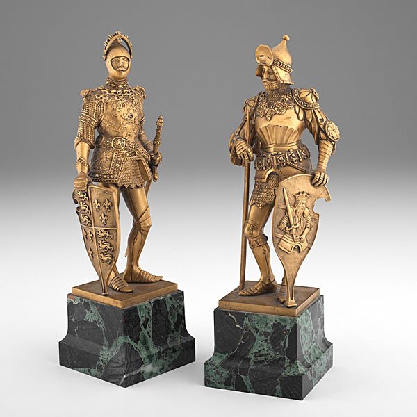 Continental Gilt Bronze Knights : Continental, early 20th century. A pair of gilt bronze knights dressed in armor, on marble bases, inscribed Peter Fischer, Gruber on bases; ht. 12 in.