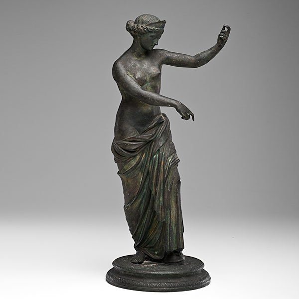 Italian Bronze Statue of Venus of Capua: Italian, late 19th-early 20th century. A bronze statue of a partially nude Venus modeled after an ancient sculpture found in an amphitheater in Capua Italy, marked Fonderia Sommer (Sommer Foundry), Na