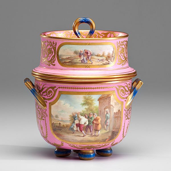 English Porcelain Sèvres-Style Ice Cream Jar : English, 19th century. A porcelain ice cream jar (possibly Minton) in the Sèvres style with painted peasant genre scenes set within reserves, unmarked; ht. 11, dia. 8.5 in.