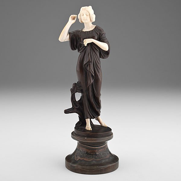 Bronze and Ivory Figure by Peter Tereszczuk : Peter Tsereszczuk (Ukranian, 1875-1963). Early 20th century, a sculpture of a woman in bronze and ivory on marble base; ht. 11 in.