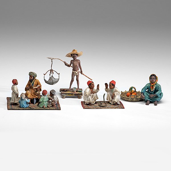 Austrian Cold Painted Bronze Figures : Austrian, early 20th century. A grouping of four Austrian cold painted bronze figures, attributed to Franz Xavier Bergman (Austrian, 1861-1936). Includes two North African snake charmers, a North Afri
