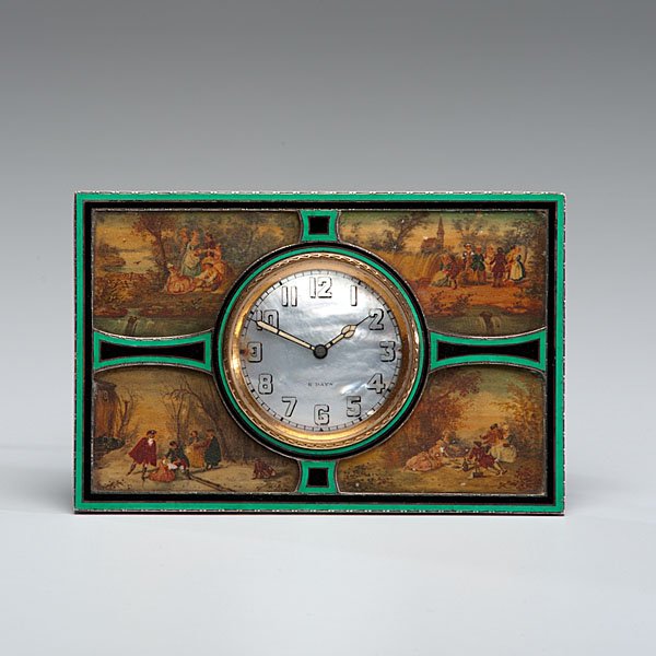 French Art Deco Desk Clock with Painted Ivory: French, early 20th century. An art deco eight day desk clock of sterling silver and enamel structure ornamented with four painted vignettes on ivory depicting courtly socializing during each season. 
