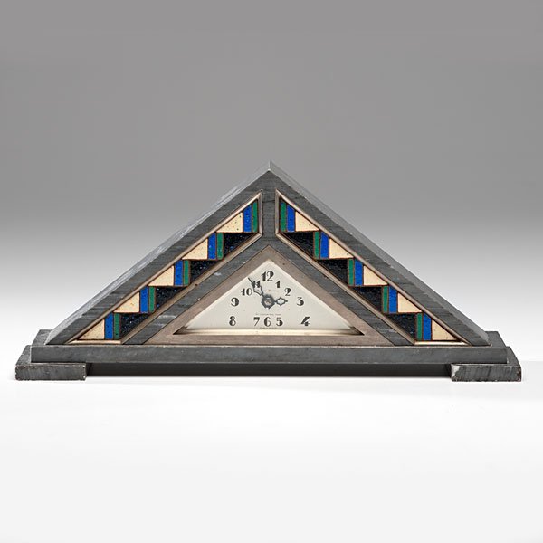 French Art Deco Desk Clock, Alfred Dunhill Retailer : French, ca 1930s. An unusual triangular clock having a gray marble case with cloissoné enamel decoration, probably having one day duration, retailed by Alfred Dunhill, marked Alfred Dunhill / of Lo