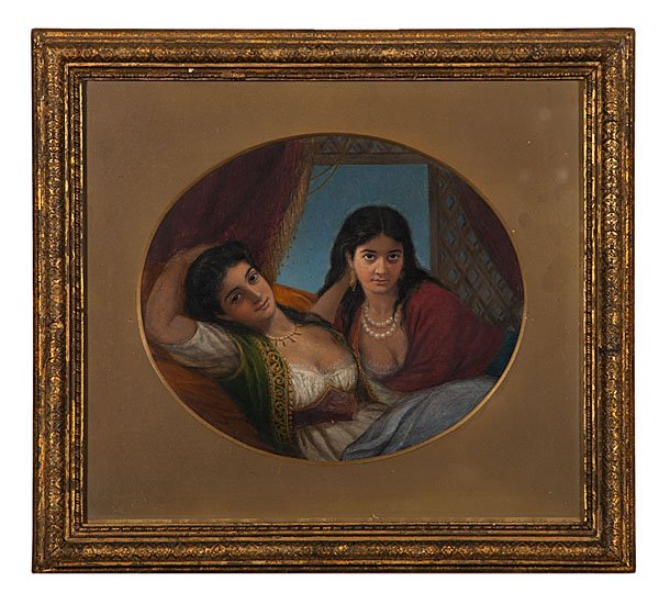 Orientalist Portrait of Two Women by R. Pigot : R. St. Ledger Pigot (French, act. 1864-1871). Oil on board, signed and dated 71, l.l. An oval work, depicting two recumbent women; 8.5 x 10 in.