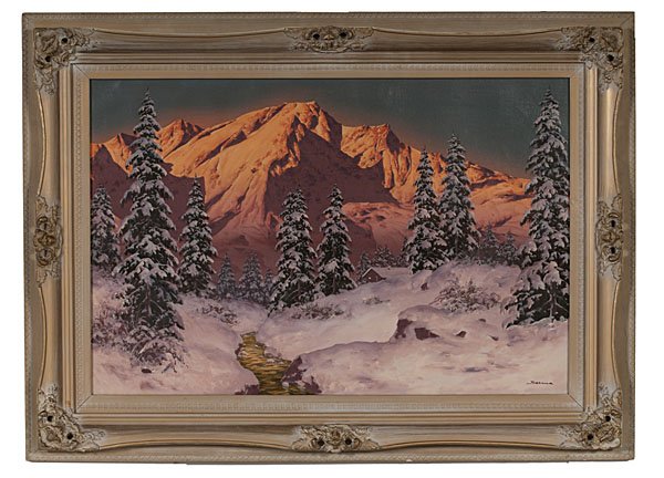 Alpine Scene by Hans Barma : Hans Smatlak Barma (Austrian, 1903-1978). Oil on canvas landscape, alpine scene during sunset, signed l.r.; 23 x 35 in. (sight)