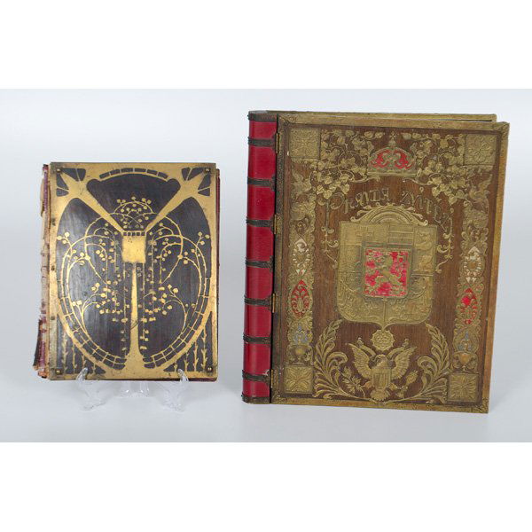 Arts and Crafts Book Covers : Continental, 19th century. Two Arts and Crafts book covers, one with wooden boards, red leather spine, applied ornate decorative metal front with inscription PRAVDA ZVITEZ / SPOJENYMI SILAMI, and a bl