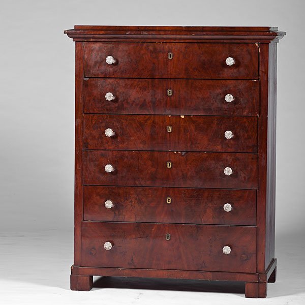Biedermeier Mahogany Tall Chest : Continental, 19th century. A mahogany Biedermeier six-drawer tall chest; ht. 61, wd. 48.5, dp. 24 in.