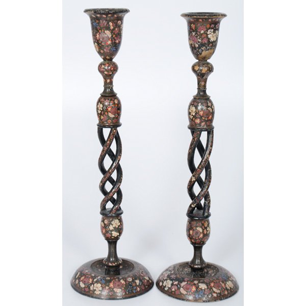 Pair of Indian Kashmir Lacquered Open Twist: India, late 19th-early 20th century. A pair of Indian Kashmir lacquered open twist candlesticks, each in three parts; ht. 19.5 in.