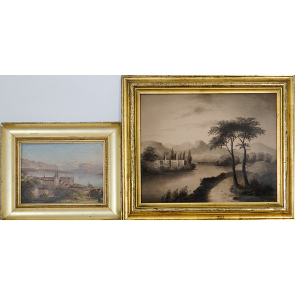 Continental Landscapes : Continental, late 19th-early 20th century. A charcoal landscape of a fortress in the countryside and an oil on board landscape of a city with a lake and mountains in the background; drawing 8.75 x 11 
