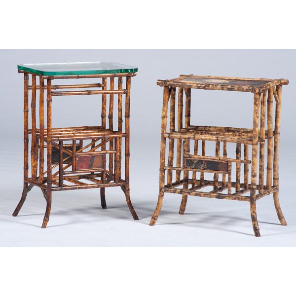 Aesthetic Movement Bamboo Magazine Racks : Probably English. Two bamboo magazine racks with decorated inset panels, one having a glass top, both on outswept legs; ht. 29.5, wd. 20, dp. 14 in.