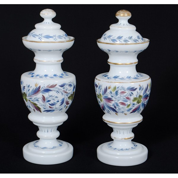 Bristol-style Glass Covered Jars with Enamel : English, 19th century. Pair of Bristol style white or opaline vases in baluster form with domed lid, having enameled floral pattern including rings of corn flowers; ht. 14.75 in.