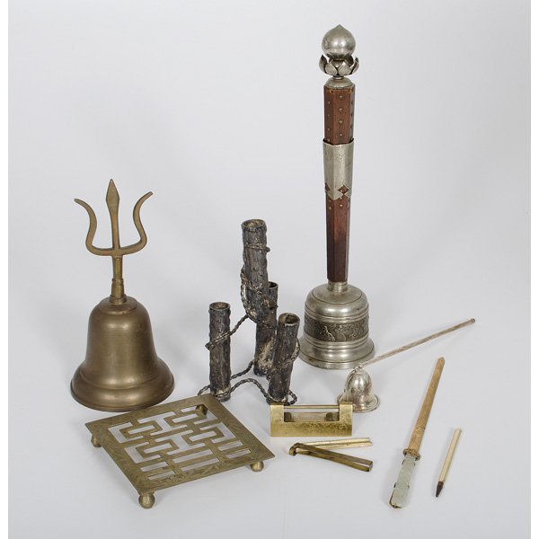 Lot ofMetalwork from the Conner Prairie Historic Park : 20th century. A group of eight (8) metalwork objects from the Conner Prairie Historic Park. Including a gold pen, German, an Asian lock, a candle holder, a silver bell, a pair of metal and wood b