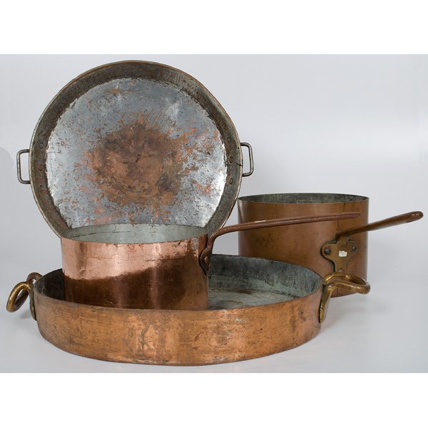Antique Copper Cookware : An assembled lot of four antique copper cookware, including two large pots and two wide and shallow pans, one pot is marked GC, one pan marked Hotel Rubens; largest pan dia. 19.5 (without handles).
