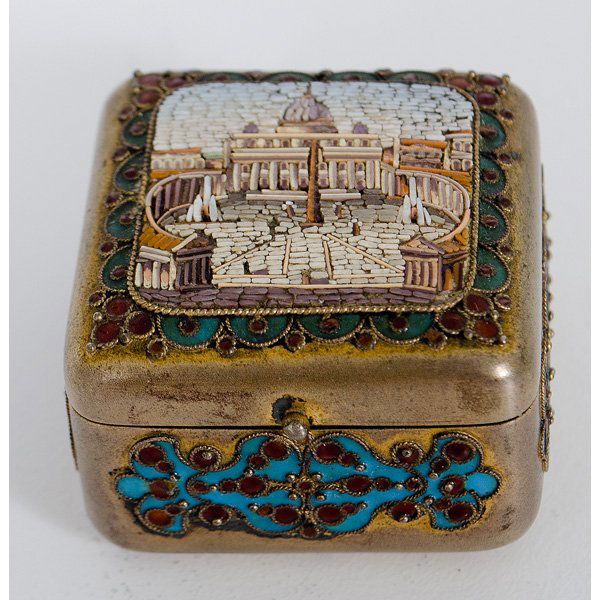 Continental Micro Mosaic and Enamel Pill Box : Continental, 19th century. A gilt silver hinged pill box featuring a micro mosaic in the form of St. Peter's Basilic, inside of lid marked AP 800; ht. .75, wd. 1.25 in.
