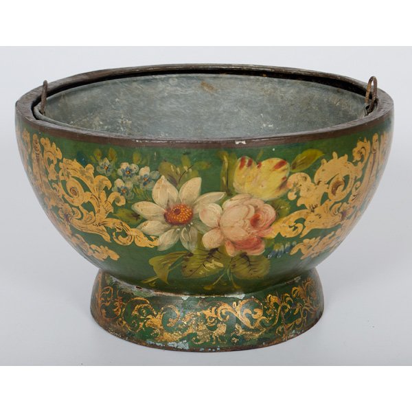 Tole Planter : Probably English, 19th century. A tole planter with green ground and polychrome and gilt florals and scrolling arabesques, presented with metal liner; ht. 7.25, dia. 12 in.