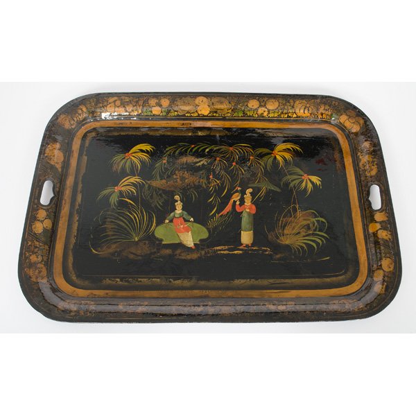 Chinoiserie Tole Tray : English, 19th century. A rectangular painted floral and Chinoiserie-decorated tole tray with handles, lg. 29.75, wd. 21.5 in.