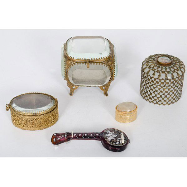 Assorted Decorative Boxes, Plus : An assembled group of four decorative metal, glass and hardstone boxes of various origins, PLUS a plastic decorative novelty banjo; largest box ht. 2.75 in.