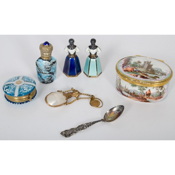 French Porcelain Pill Box, Plus : French. A French painted porcelain pill box with scenes of figures in landscapes, unmarked, PLUS a pair of sterling and enamel figures by J. Tostrup of Norway, a blue glass and enamel round pill box,
