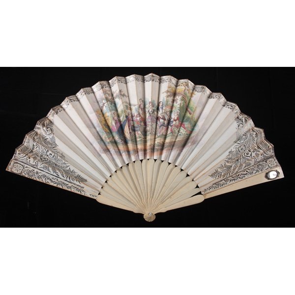 Early 19th Century French Painted Fan : French, ca 1840. Mirrored ivory sticks, the interior having playful exterior genre scene, lithograph with substantial hand painting; lg. 10.5 in. Provenance: The Gwen P. Whalen Fan Collection