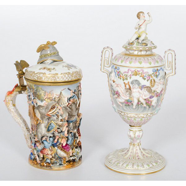 Capodimonte Urn and Stein : A Capodimonte stein depicting Hannibal's war elephants in battle. Lot also includes a Capodimonte urn with cherubs; urn ht. 3 in.