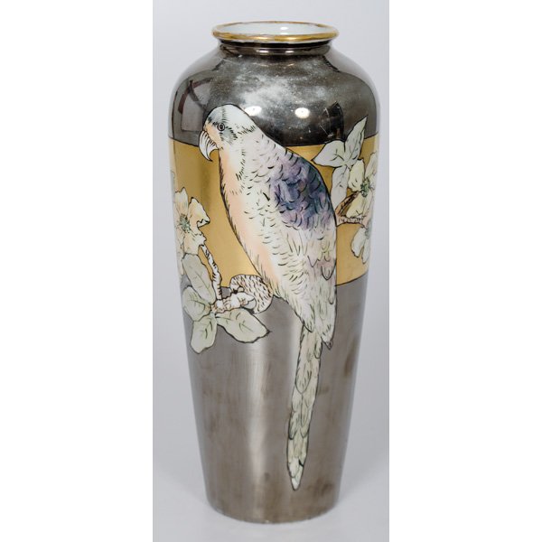 Art Deco Parrot Lustreware Vase : Austrian, 20th century. Silver lustre vase with delicate painted rendering of a parrot on flowering branch, signed FLUYA, marked on base for Austria; ht. 12.75 in.