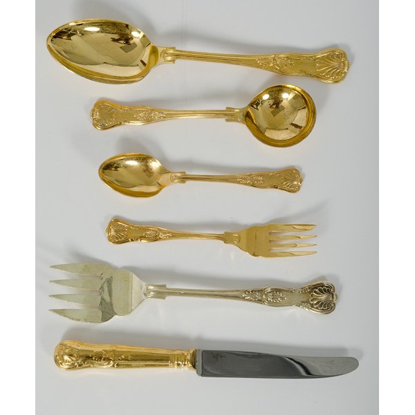 Sheffield Gold Wash Flatware Service : English Sheffield gold-washed flatware in the "Kings" pattern; five piece service for twelve, plus serving pieces.