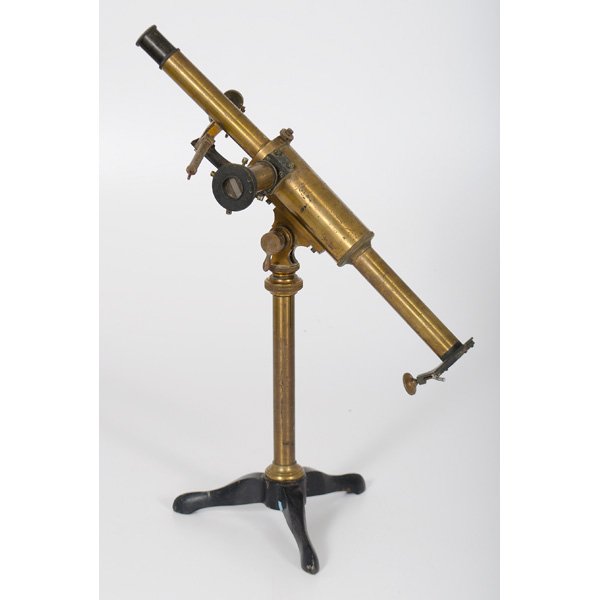 Brass Monocular Microscope on Stand : 19th century. A brass monocular microscope with angle-adjusting stand, on a painted tripod base; ht. 22 in.