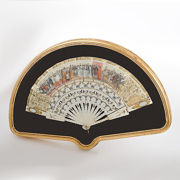 Outstanding Marriage Fan of Queen Isabel, 1846: Outstanding Marriage Fan of Queen Isabel, 1846 Spanish, 1846. With ivory, mother of pearl, gilt decoration and hand-colored lithograph scene. Fan having mirrors to both sticks, which end in twirling i
