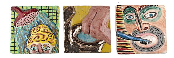 Mary Jo Bole (1956, USA) : Mary Jo Bole (1956, USA) Three Tiles, 1985 Earthenware ht. 6, wd.. 6, dp. 1 inches Actively working in Columbus, Ohio, Bole has made ceramic art since the early 1980's. These 3 unique tiles show th