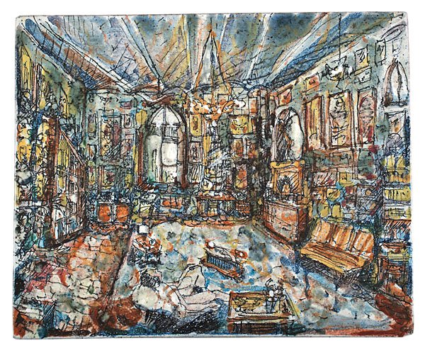 Enzo Borgini (Italy) : Enzo Borgini (Italy) Atelier, 1983 Earthenware ht. 13.625, wd. . 16.625, dp. 5 inches Shown: Enzo Borgini: Works on Tile, Garth Clark Gallery, NY, 1985. Borgini's art is visionary and focused on