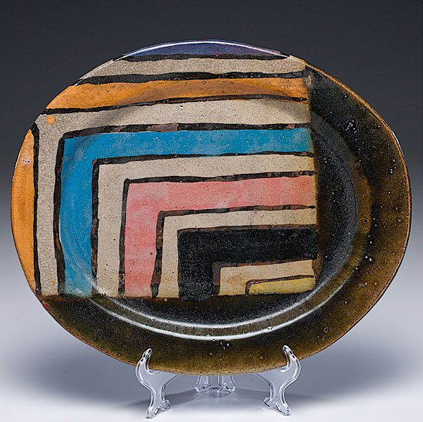 Jun Kaneko (1942, Japan/USA) : Jun Kaneko (1942, Japan/USA) Striped Platter, 1980 Stoneware ht. 1, wd. 17.5, dp. 15 inches Artist signature on base Richly decorated in various colors, this plate by Kaneko is a rare and early